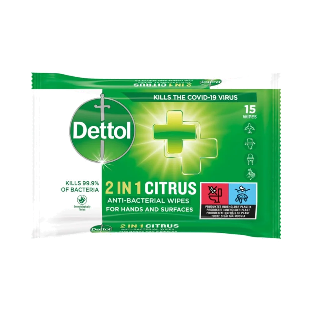 Dettol 2 in 1 Desinfektionswipes för händer & ytor våtservetter 15 st