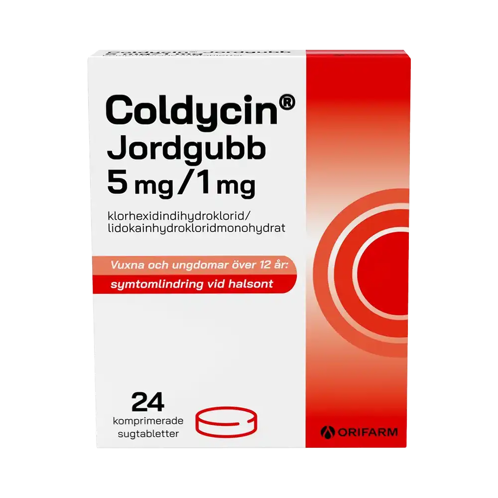 Coldycin Jordgubb 5 mg / 1 mg 24 komprimerade sugtabletter