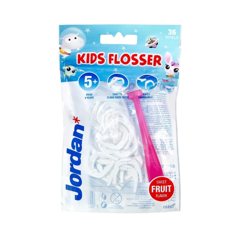 Jordan Kids Flosser 5+ år tandtrådsbyglar 1 handtag + 36 refiller