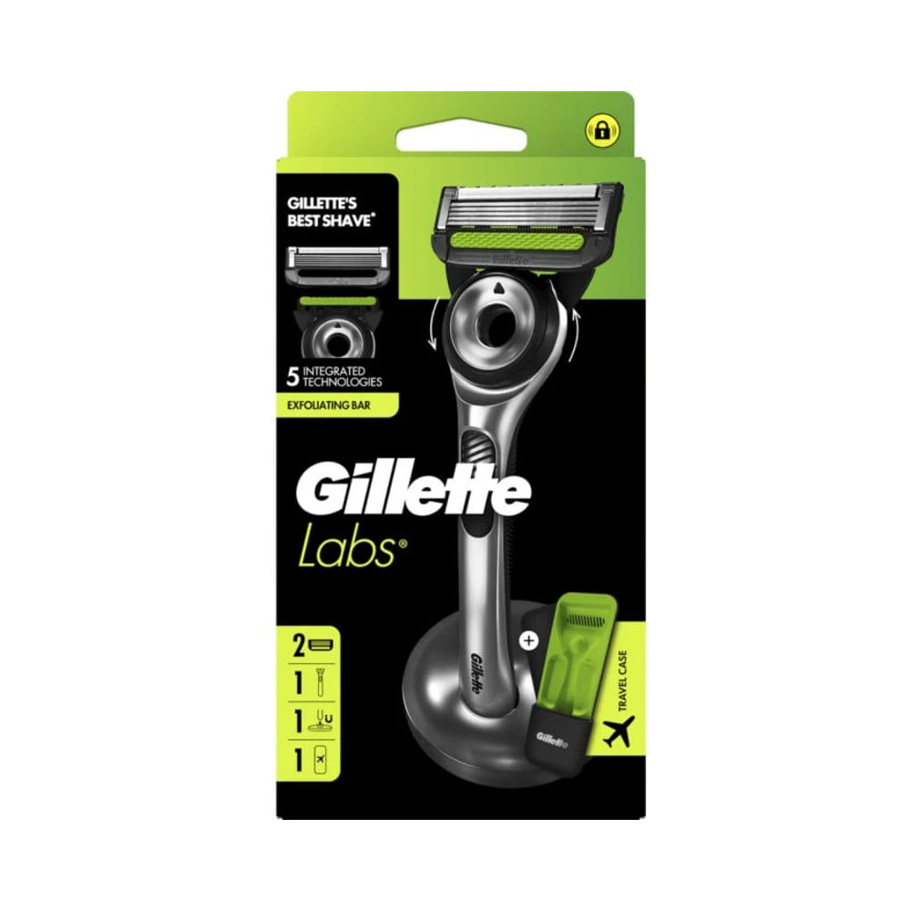 Gillette Labs Exfoliating Bar Silver rakhyvel med ställ och resefodral 1 st + rakblad 2 st