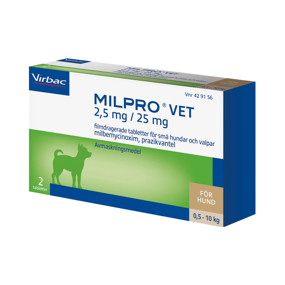 Virbac Milpro vet för hundar 0,5–10 kg 2,5 mg/25 mg filmdragerade tabletter 2 tabletter