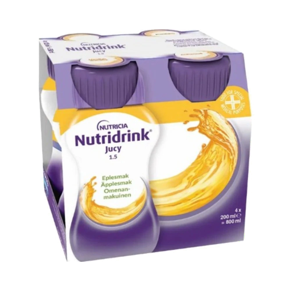 Nutridrink Jucy, äpple, energirikt kosttillägg, klar, fettfri näringsdryck 4 x 200 ml