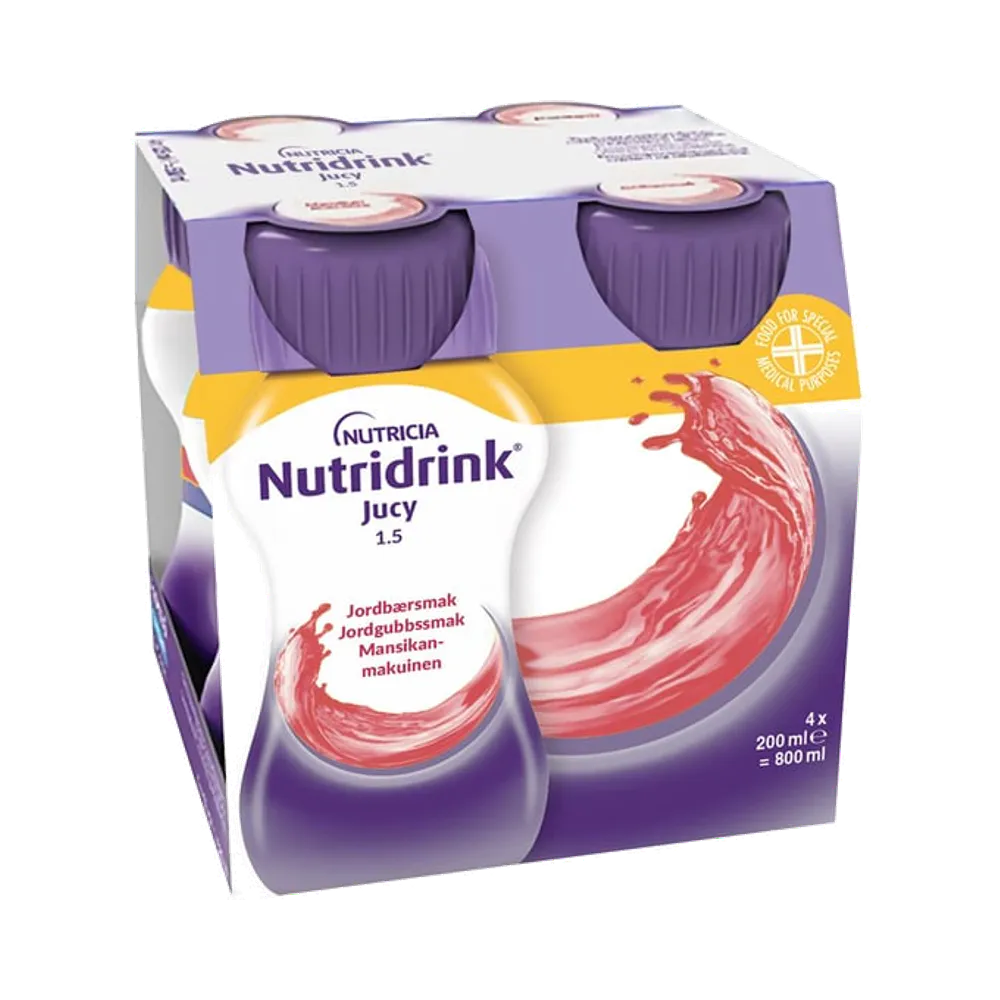 Nutridrink Jucy, jordgubb, energirikt kosttillägg, klar, fettfri näringsdryck 4 x 200 ml