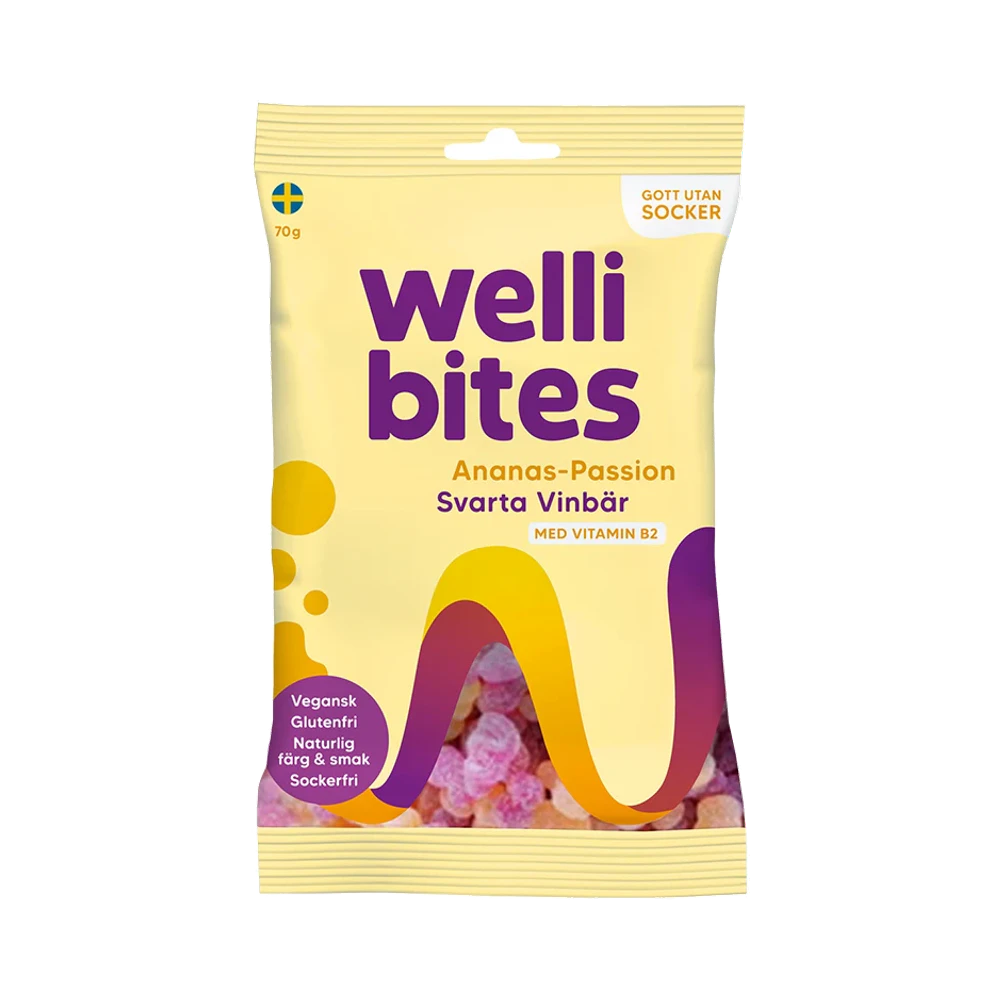Wellibites Ananas-Passion & Svarta Vinbär gelégodis 70 g